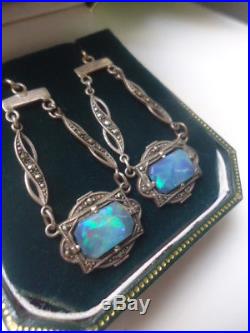 Stunning Vintage Deco Solid Silver Boulder Opal Doublet Drop Pierced Earrings