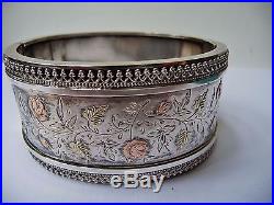 Superb Victorian Solid Silver Wide Cuff Bangle, Rose Gold & Yellow, Gold Onlay