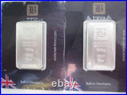 TWO Baird 100g 100 gram Solid Silver Bullion Bar. 9999 Purity Numbered Carded