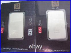 TWO Baird 100g 100 gram Solid Silver Bullion Bar. 9999 Purity Numbered Carded