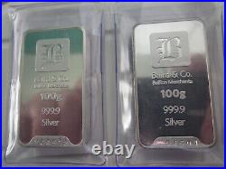 TWO Baird 100g 100 gram Solid Silver Bullion Bars. 9999 Purity with Certificate