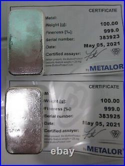 TWO Swiss Metalor 100g 100 gram Solid Silver Bullion Bars + Certificates. 999