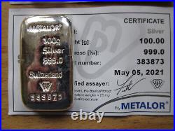 TWO Swiss Metalor 100g 100 gram Solid Silver Bullion Bars + Certificates. 999