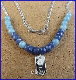 Tanzanite Aquamarine Sterling Silver Necklace Daisy. 999 Bullion Pendant #137