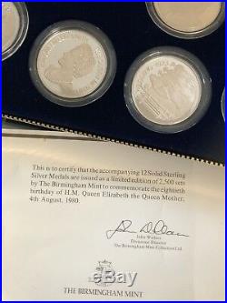 The BhamMint Collection of 12 Solid Sterling Silver Medals 80th Bday Queen M