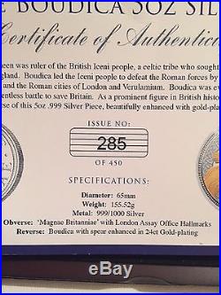 The Boudica 5oz Solid. 999 Fine Silver Coin Medal Magnae Britannia Ltd Edition