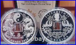 Tiger Dragon & Yin Yang $8 2016 Pure Silver Proof SQUARE-HOLED COIN