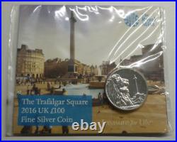 Trafalgar Square. 999 Fine Silver BUnc UK £100 Coin 2016 Royal Mint Pack