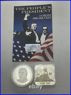 Trump Silver Round 1 Oz'20, Colorized 5g AND Trump Train Square 1 Oz 2024