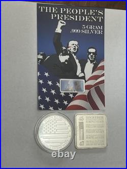 Trump Silver Round 1 Oz'20, Colorized 5g AND Trump Train Square 1 Oz 2024