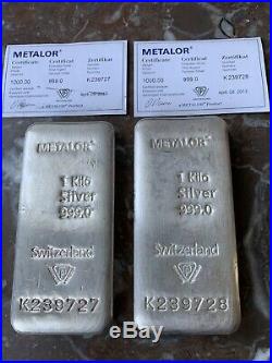 Two Metalor 1kg Solid 999.0 Silver Bars With Consecutive Numbers