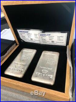 Two Metalor 1kg Solid 999.0 Silver Bars With Consecutive Numbers In Oak Gift Box