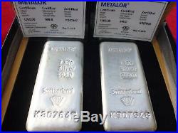Two Metalor 1kg Solid Silver Bars 999.0 Certificates Consecutive Numbers Oak Box