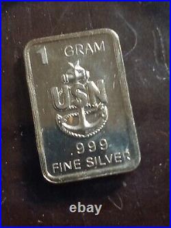 US NAVY- 1 GRAM GR G. 999 Fine Pure Solid Silver Bullion Bar