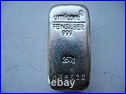 Umicore 250 Gram 999 Solid Fine Silver Bullion Bar Feinsilber No 086530 See Pics