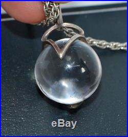 Unusual ART DECO Solid SIlver & ROCK CRYSTAL Sphere Ball Orb PENDANT & 24 Chain