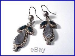 Victorian Solid Silver Agate Drop Earrings