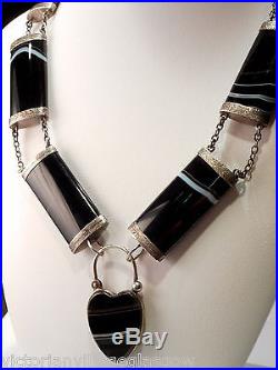 VICTORIAN SOLID SILVER SCOTTISH BANDED AGATE NECKLACE. (large agates)