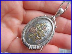 VICTORIAN Solid SILVER Yellow & Rose Gold Floral Photo Locket c1900 & 16.5Chain