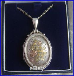 VICTORIAN Solid SILVER Yellow & Rose Gold Floral Photo Locket c1900 & 16.5Chain