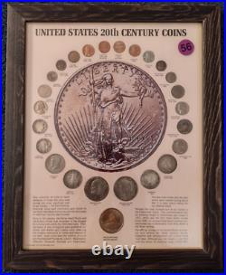 VINTAGE 20TH CENTURY COIN SET in NEW SOLID WOOD 11 X 14 FRAME WithMUSEUM GLASS