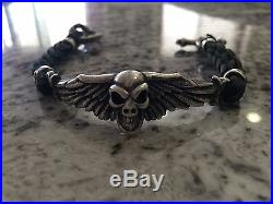 VINTAGE BILL WALL LEATHER SKULL WITH WINGS BRACELET 925 SOLID SILVER