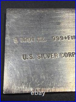 VINTAGE U. S. Silver Corp 5 OZ. 999 FINE SILVER BAR. 2x2 Square Extruded