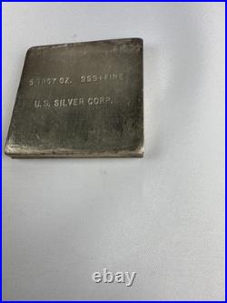 VINTAGE U. S. Silver Corp 5 OZ. 999 FINE SILVER BAR. 2x2 Square Extruded