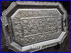 Very Large 1.3kg Antique Solid Silver Anglo Indian Salver Tray Sterling Raj Art