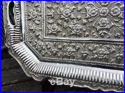 Very Large 1.3kg Antique Solid Silver Anglo Indian Salver Tray Sterling Raj Art