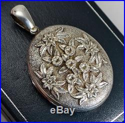 Victorian LARGE Antique SOLID SILVER Ornate Chased FLOWERS Locket / Pendant