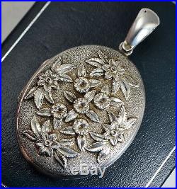 Victorian LARGE Antique SOLID SILVER Ornate Chased FLOWERS Locket / Pendant