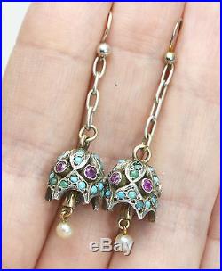 Victorian SOLID SILVER & 9K GOLD Persian Turquoise, Ruby & Pearl BELL EARRINGS