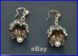 Victorian SOLID SILVER & 9K GOLD Persian Turquoise, Ruby & Pearl BELL EARRINGS