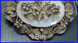 Victorian SOLID SILVER & AGATE Stunning CANNETILLE Filigree Flowers BROOCH Pin
