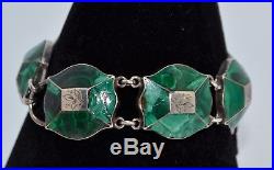 Victorian SOLID SILVER & GREEN MALACHITE Panel BRACELET with Engraved Leaves