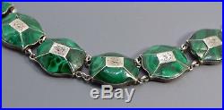 Victorian SOLID SILVER & GREEN MALACHITE Panel BRACELET with Engraved Leaves