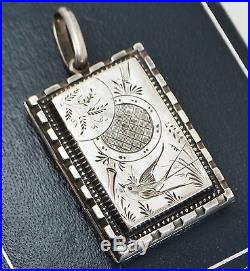 Victorian SOLID SILVER Swallow / Bird Rectangular DOUBLE SIDED Reversible LOCKET