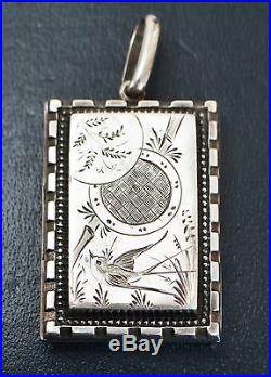 Victorian SOLID SILVER Swallow / Bird Rectangular DOUBLE SIDED Reversible LOCKET