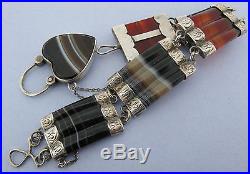 Victorian Scottish Solid Silver Agate Pebble Bracelet w Padlock w Locket Back
