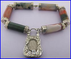 Victorian Scottish Solid Silver Pebble Bracelet w Ornate Padlock w locket Back