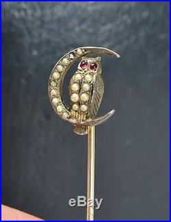 Victorian Solid Silver OWL & CRESCENT MOON Stick Pin Seed Pearl & Garnet Eyes