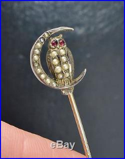 Victorian Solid Silver OWL & CRESCENT MOON Stick Pin Seed Pearl & Garnet Eyes