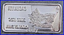 Vintage 1 Troy Ounce. 999 Silver Art Bar, ARKANSAS-25th State-1845-Hamilton Mint