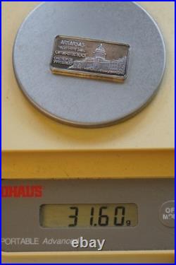 Vintage 1 Troy Ounce. 999 Silver Art Bar, ARKANSAS-25th State-1845-Hamilton Mint