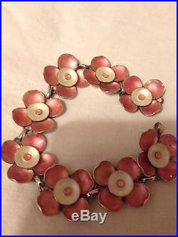 Vintage 50s Artisan Designer Solid Silver Pink Enamelled Flower Bracelet & Box