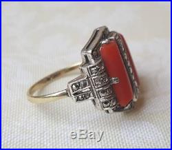 Vintage Art Deco Solid Silver Marcasite And Coral Ring Theodor Fahrner