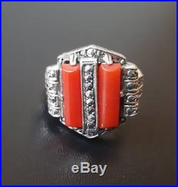 Vintage Art Deco Solid Silver Marcasite And Coral Ring Theodor Fahrner