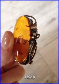 Vintage Art Noveau Solid 925 Silver And Amber Brooch