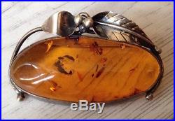 Vintage Art Noveau Solid 925 Silver And Amber Brooch